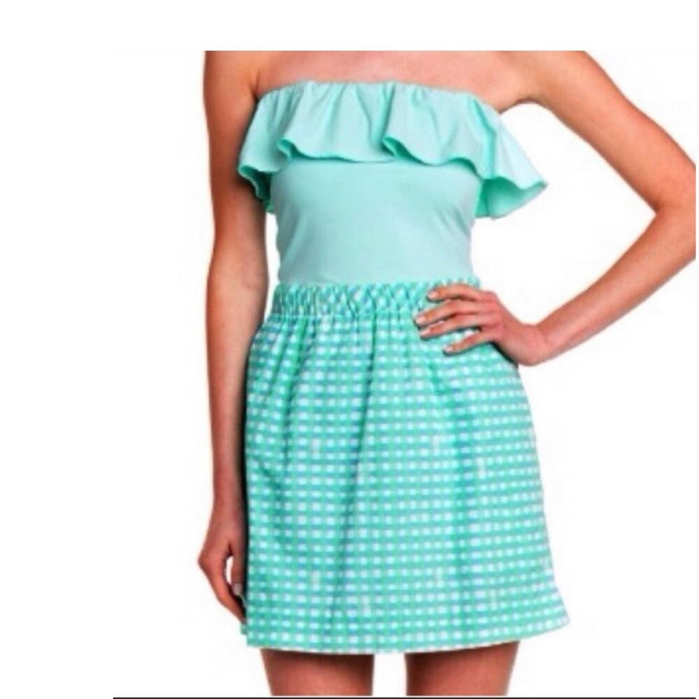 Lilly Pulitzer Athens Blue Green Gingham Strapless Dress size small